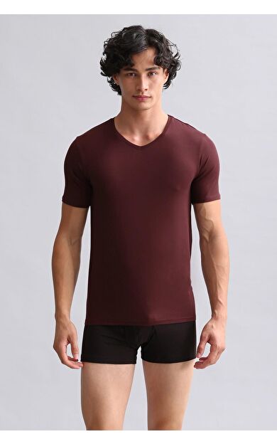 Mısırlı Modal By TENCEL HERCULES Slim Fit V Yaka Fanila / T-Shirt Bordo