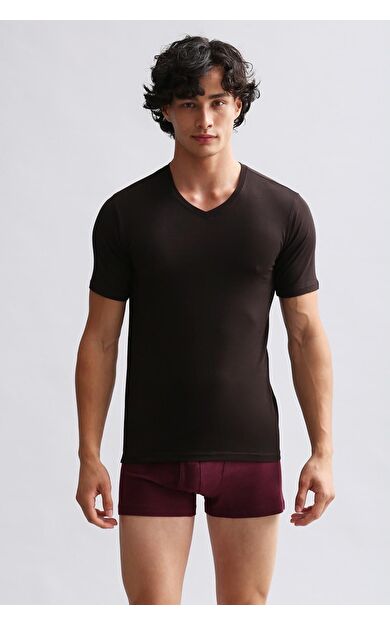 Mısırlı Modal By TENCEL HERCULES Slim Fit V Yaka Fanila / T-Shirt Kahverengi