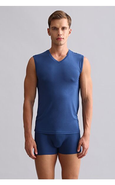 Mısırlı Modal By TENCEL HERCULES Slim Fit V Yaka Sporcu Atlet / T-Shirt Gece Mavisi