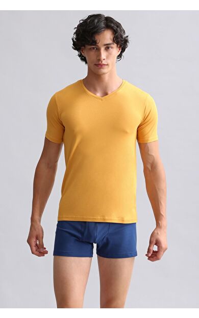 Mısırlı Modal By TENCEL HERCULES Slim Fit V Yaka Fanila / T-Shirt Hardal