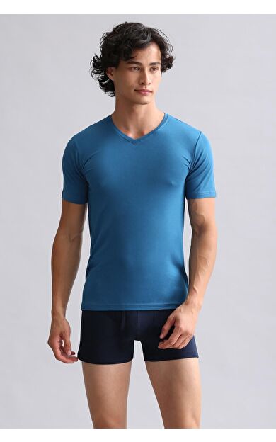 Mısırlı Modal By TENCEL HERCULES Slim Fit V Yaka Fanila / T-Shirt Petrol