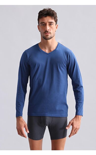 Mısırlı Modal By TENCEL HERCULES Slim Fit V Yaka Uzun Kollu Fanila / T-Shirt Gece Mavisi