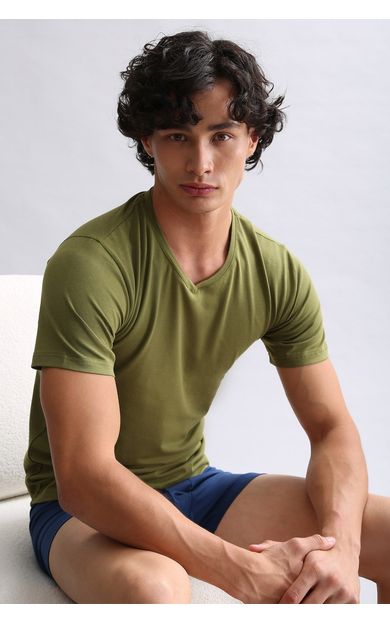 Mısırlı Modal By TENCEL HERCULES Slim Fit V Yaka Fanila Haki