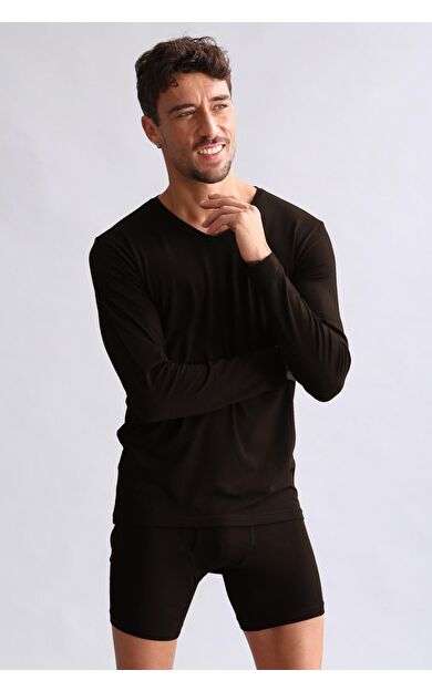 Mısırlı Modal By TENCEL HERCULES Slim Fit V Yaka Uzun Kollu Fanila / T-Shirt Kahverengi