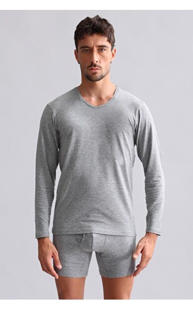 Mısırlı Modal By TENCEL HERCULES Slim Fit V Yaka Uzun Kollu Fanila / T-Shirt Gri Melanj
