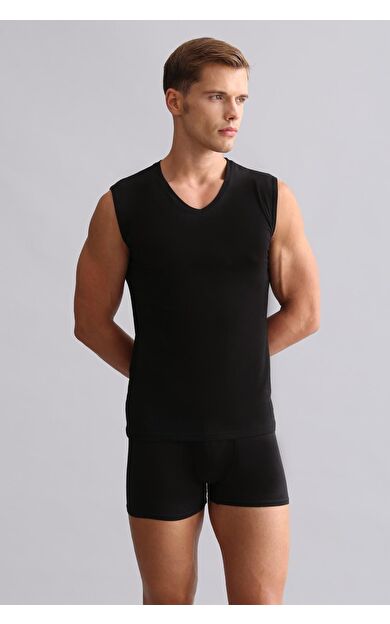 Mısırlı Modal By TENCEL HERCULES Slim Fit V Yaka Sporcu Atlet / T-Shirt Siyah