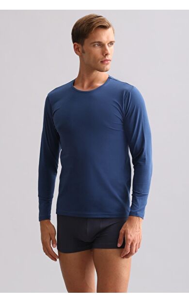 Mısırlı Modal By TENCEL HERCULES Slim Fit Bisiklet Yaka Uzun Kollu Fanila / T-Shirt Gece Mavisi