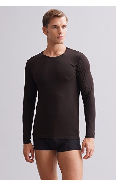 Mısırlı Modal By TENCEL HERCULES Slim Fit Bisiklet Yaka Uzun Kollu Fanila / T-Shirt Kahverengi