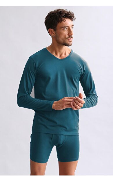 Mısırlı Modal By TENCEL HERCULES Slim Fit V Yaka Uzun Kollu Fanila / T-Shirt Fit Green