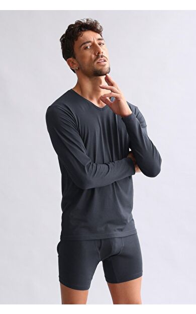 Mısırlı Modal By TENCEL HERCULES Slim Fit V Yaka Uzun Kollu Fanila / T-Shirt Antrasit