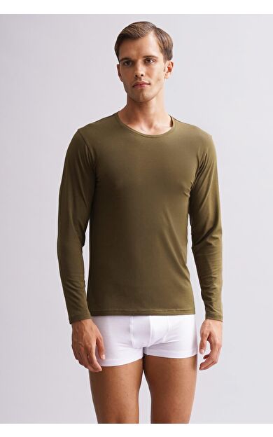 Mısırlı Modal By TENCEL HERCULES Slim Fit Bisiklet Yaka Uzun Kollu Fanila / T-Shirt Koyu Haki