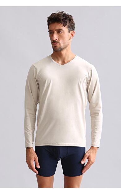Mısırlı Modal By TENCEL HERCULES Slim Fit V Yaka Uzun Kollu Fanila / T-Shirt Toprak Bej