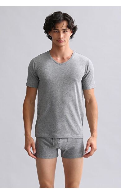 Mısırlı Modal By TENCEL HERCULES Slim Fit V Yaka Fanila / T-Shirt Gri Melanj