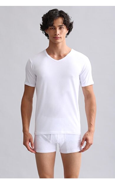 Mısırlı Modal By TENCEL HERCULES Slim Fit V Yaka Fanila / T-Shirt Beyaz
