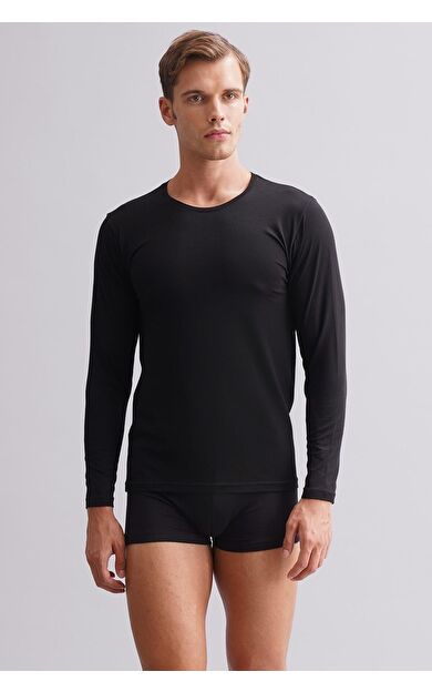 Mısırlı Modal By TENCEL HERCULES Slim Fit Bisiklet Yaka Uzun Kollu Fanila / T-Shirt Siyah