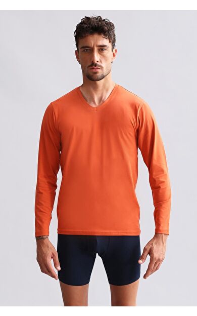 Mısırlı Modal By TENCEL HERCULES Slim Fit V Yaka Uzun Kollu Fanila / T-Shirt Pas Kırmızı