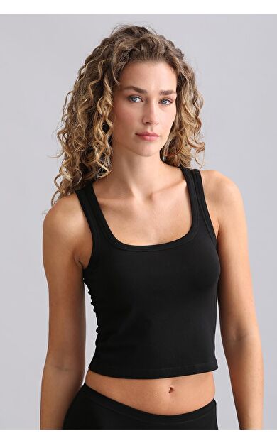 Mısırlı Modal By TENCEL U HELEN Kalın Askılı Crop / T-Shirt Siyah