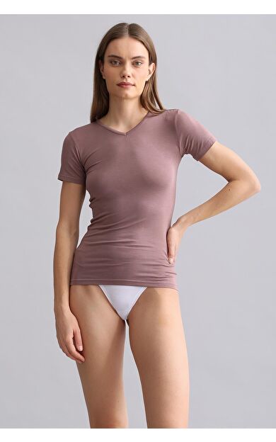 Mısırlı Modal By TENCEL VICTORIA V Yaka Fanila / T-Shirt Lavender