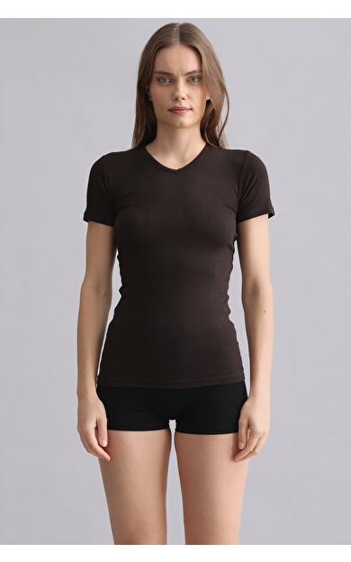 Mısırlı Modal By TENCEL VICTORIA V Yaka Fanila / T-Shirt Kahverengi