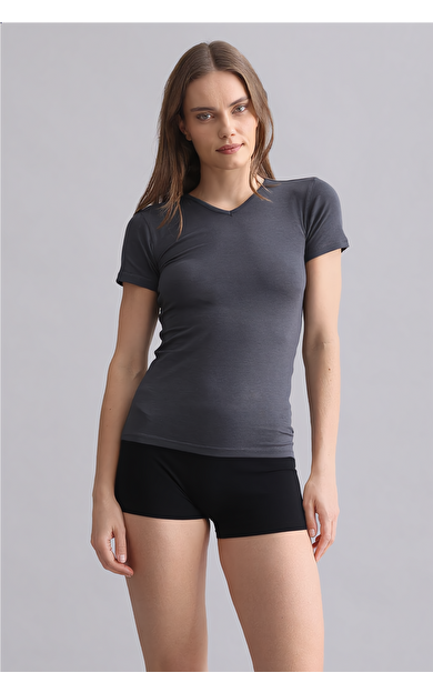 Mısırlı Modal By TENCEL VICTORIA V Yaka Fanila / T-Shirt Antrasit