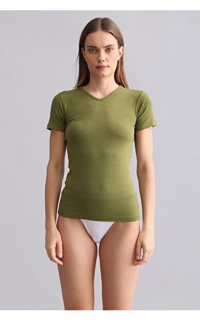 Mısırlı Modal By TENCEL VICTORIA V Yaka Fanila / T-Shirt Haki