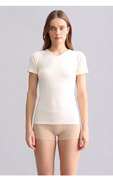 Mısırlı Modal By TENCEL VICTORIA V Yaka Fanila / T-Shirt Ekru