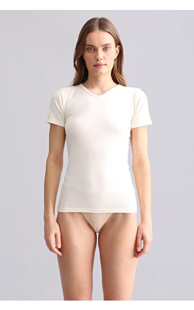 Mısırlı Modal By TENCEL VICTORIA V Yaka Fanila / T-Shirt Ekru
