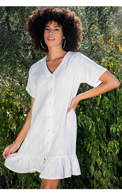 Mısırlı MÜSLİN Kısa Kol Elbise Beyaz