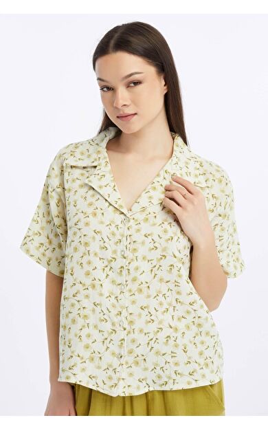 Mısırlı MÜSLİN Pamuklu Çiçekli Gömlek Yeşil