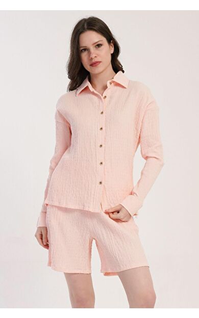 Mısırlı MÜSLİN Uzun Kol Şort Takımı Pembe