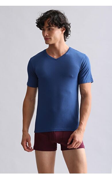 Mısırlı ORGANIC Pamuklu HERCULES Slim Fit V Yaka Fanila / T-Shirt Gece Mavisi
