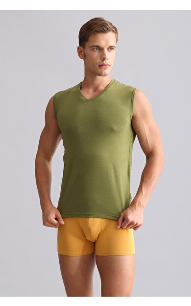 Mısırlı ORGANIC Pamuklu HERCULES Slim Fit V Yaka Sporcu Atlet / T-Shirt Haki