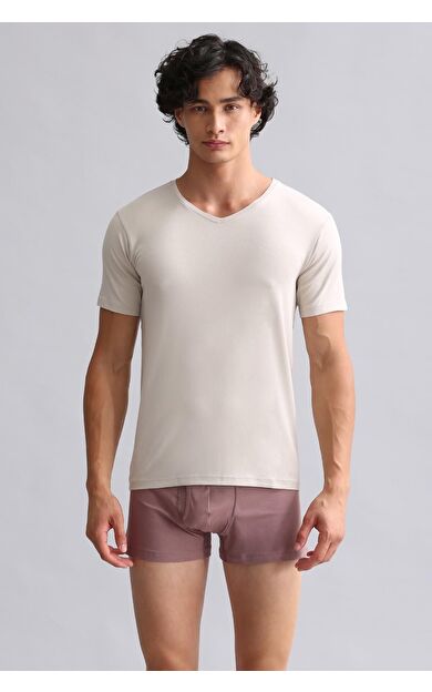 Mısırlı ORGANIC Pamuklu HERCULES Slim Fit V Yaka Fanila / T-Shirt Toprak Bej