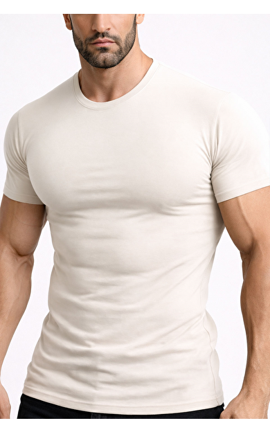 Mısırlı ORGANIC Pamuklu HERCULES Slim Fit Bisiklet Yaka Fanila / T-Shirt Toprak Bej