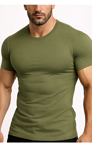 Mısırlı ORGANIC Pamuklu HERCULES Slim Fit Bisiklet Yaka Fanila / T-Shirt Haki