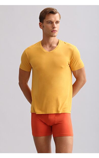 Mısırlı ORGANIC Pamuklu ZEUS LUXURY Regular Fit V Yaka Fanila / T-Shirt Hardal