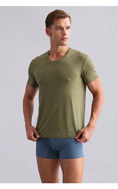 Mısırlı ORGANIC Pamuklu ZEUS LUXURY Regular Fit V Yaka Fanila / T-Shirt Haki Zeytin