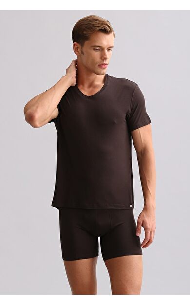 Mısırlı ORGANIC Pamuklu ZEUS LUXURY Regular Fit V Yaka Fanila / T-Shirt Kahverengi