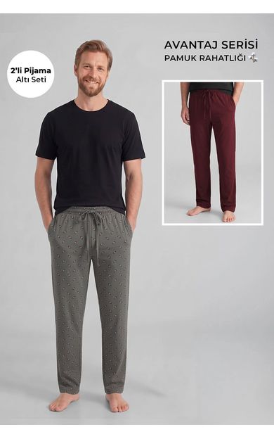 Mısırlı Pamuklu Erkek İkili Alt Pijama Antrasit Gri-Bordo