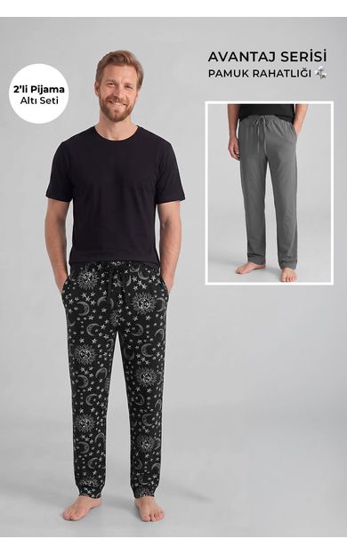 Mısırlı Pamuklu Erkek İkili Alt Pijama Baskılı Siyah-Koyu Gri