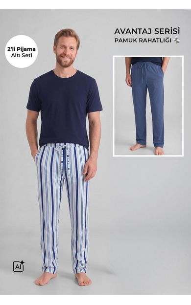 Mısırlı Pamuklu Erkek İkili Alt Pijama Çizgili Beyaz-İndigo