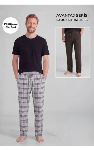 Mısırlı Pamuklu Erkek İkili Alt Pijama Ekose Gri-Kahverengi