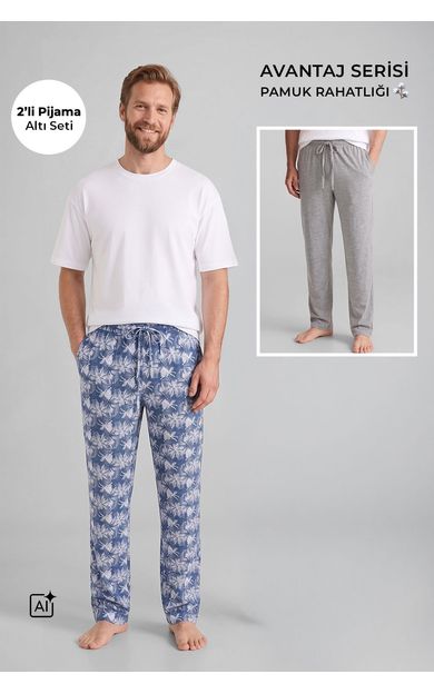 Mısırlı Pamuklu Erkek İkili Alt Pijama Baskılı İndigo-Gri Melanj