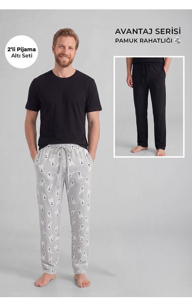 Mısırlı Pamuklu Erkek İkili Alt Pijama Baskılı Gri-Siyah