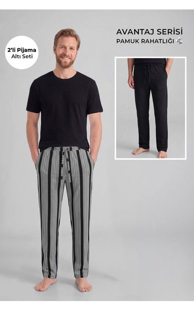 Mısırlı Pamuklu Erkek İkili Alt Pijama Çizgili Siyah-Siyah