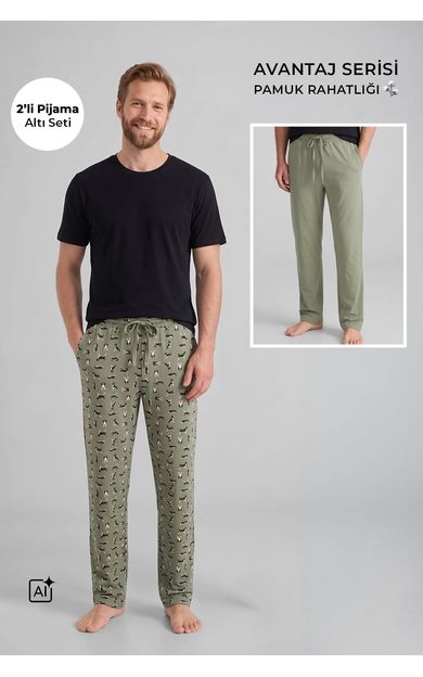 Mısırlı Pamuklu Erkek İkili Alt Pijama Baskılı Çağla Yeşil-Çağla Yeşil