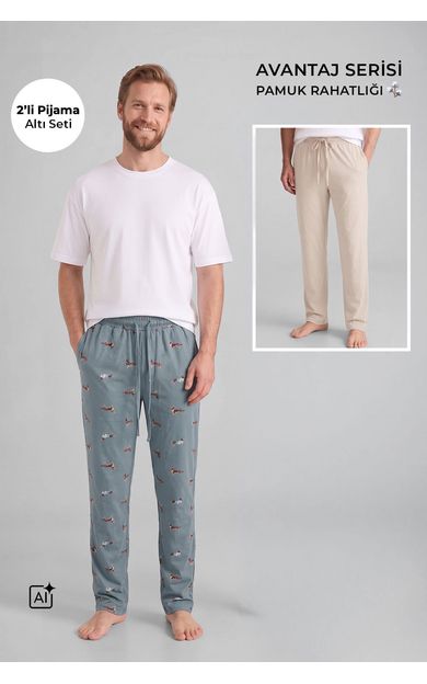 Mısırlı Pamuklu Erkek İkili Alt Pijama Baskılı Ada Çayı-Ekru