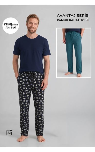 Mısırlı Pamuklu Erkek İkili Alt Pijama Baskılı Siyah-Petrol Yeşil
