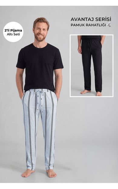 Mısırlı Pamuklu Erkek İkili Alt Pijama Çizgili Beyaz-Siyah