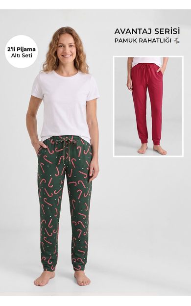 Mısırlı Pamuklu Kadın İkili Alt Pijama Baskılı Yeşil-Kırmızı